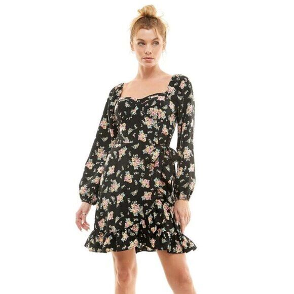 Lily Rose Women's Ruffled Skater Mini Dress Side Wrap Party Black Floral Large - Picture 2 of 4